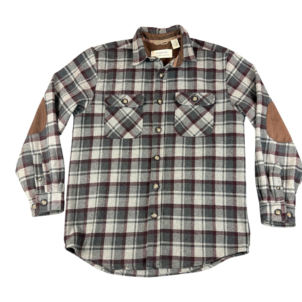 r-options Flannel Shirt Mens L Plaid Wool Blend Elbow Patches Button Up Outdoors